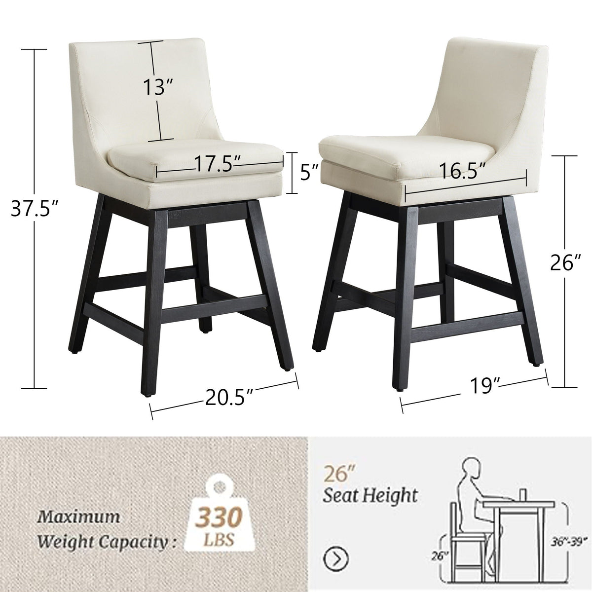 Upholstered Swivel Bar Stools with Ergonomic Design - Cream White (Set of 2)