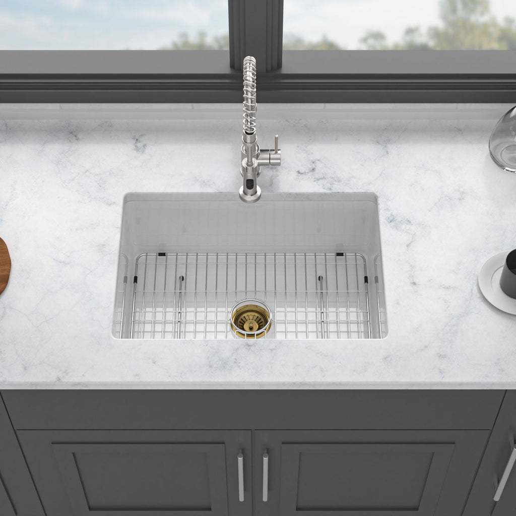 Single Bowl Ceramic Undermount Kitchen Sink with Dual Mount - White