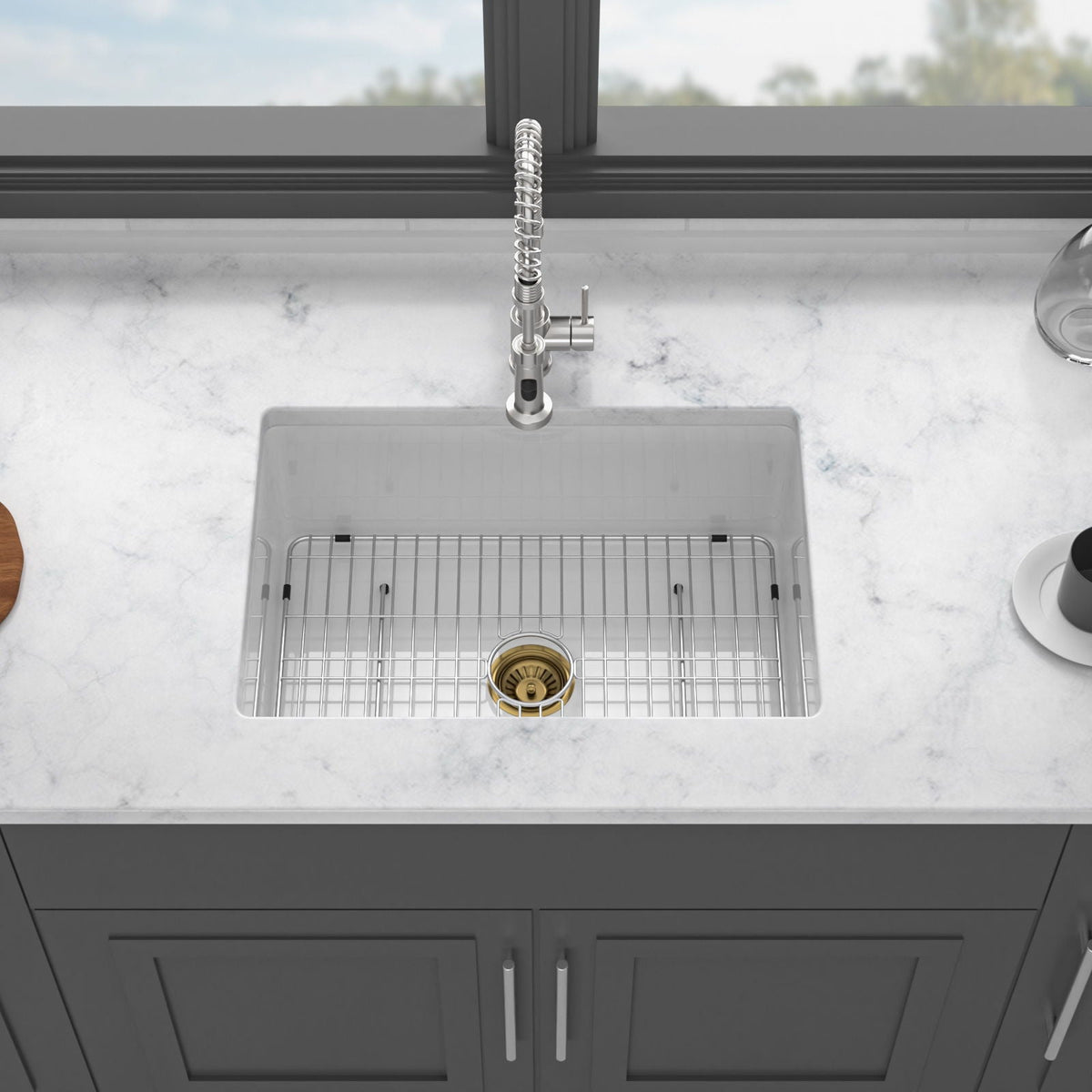Single Bowl Ceramic Undermount Kitchen Sink with Dual Mount - White