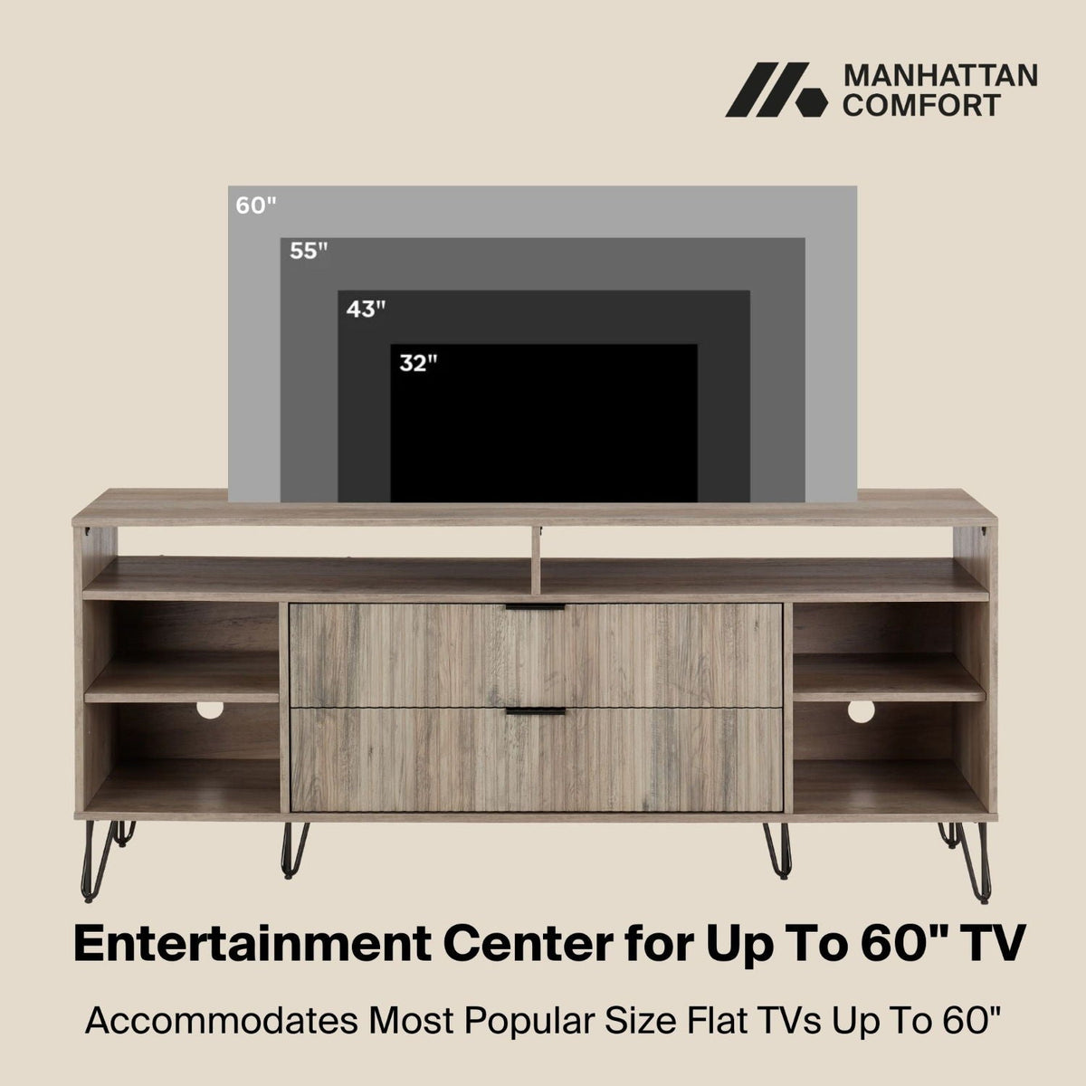 Fluted TV Stand with Storage and Metal Legs - Multiple Colors