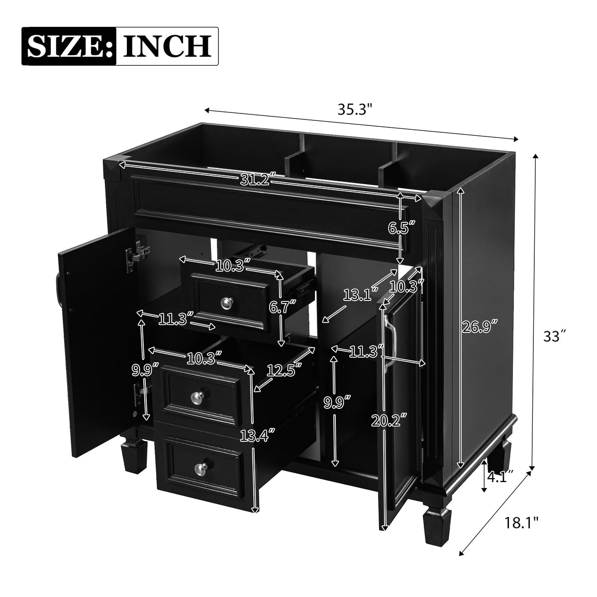 36" Bathroom Vanity Without Top Sink with Soft-Closing Doors - Black