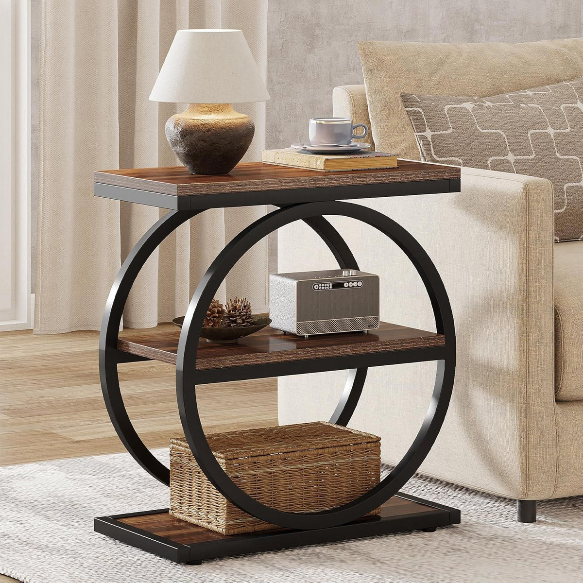 Industrial Narrow End Table with 3 Shelves - Dark Gray, Light Brown, or Dark Brown