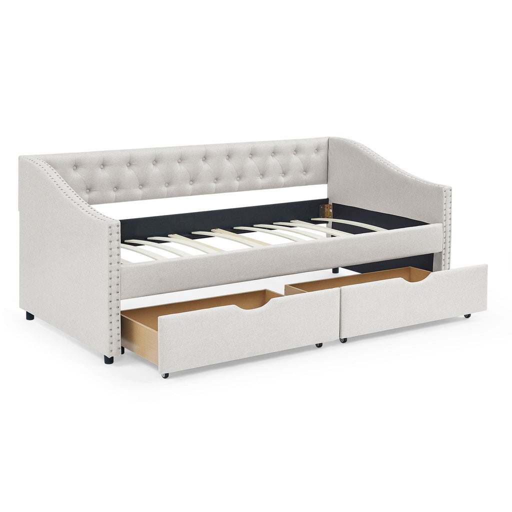 Upholstered Tufted Daybed with 2 Drawers and Waved Arms - Multiple Colors