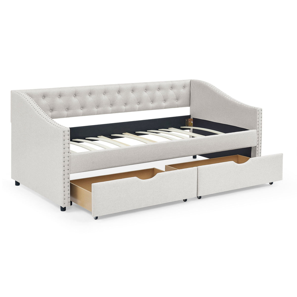 Upholstered Tufted Daybed with 2 Drawers and Waved Arms - Multiple Colors
