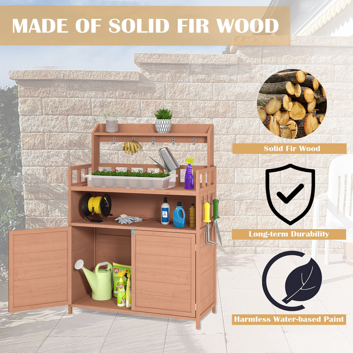 Fir Wood Potting Bench Outdoor Gardening Table with Storage Cabinet – Natural