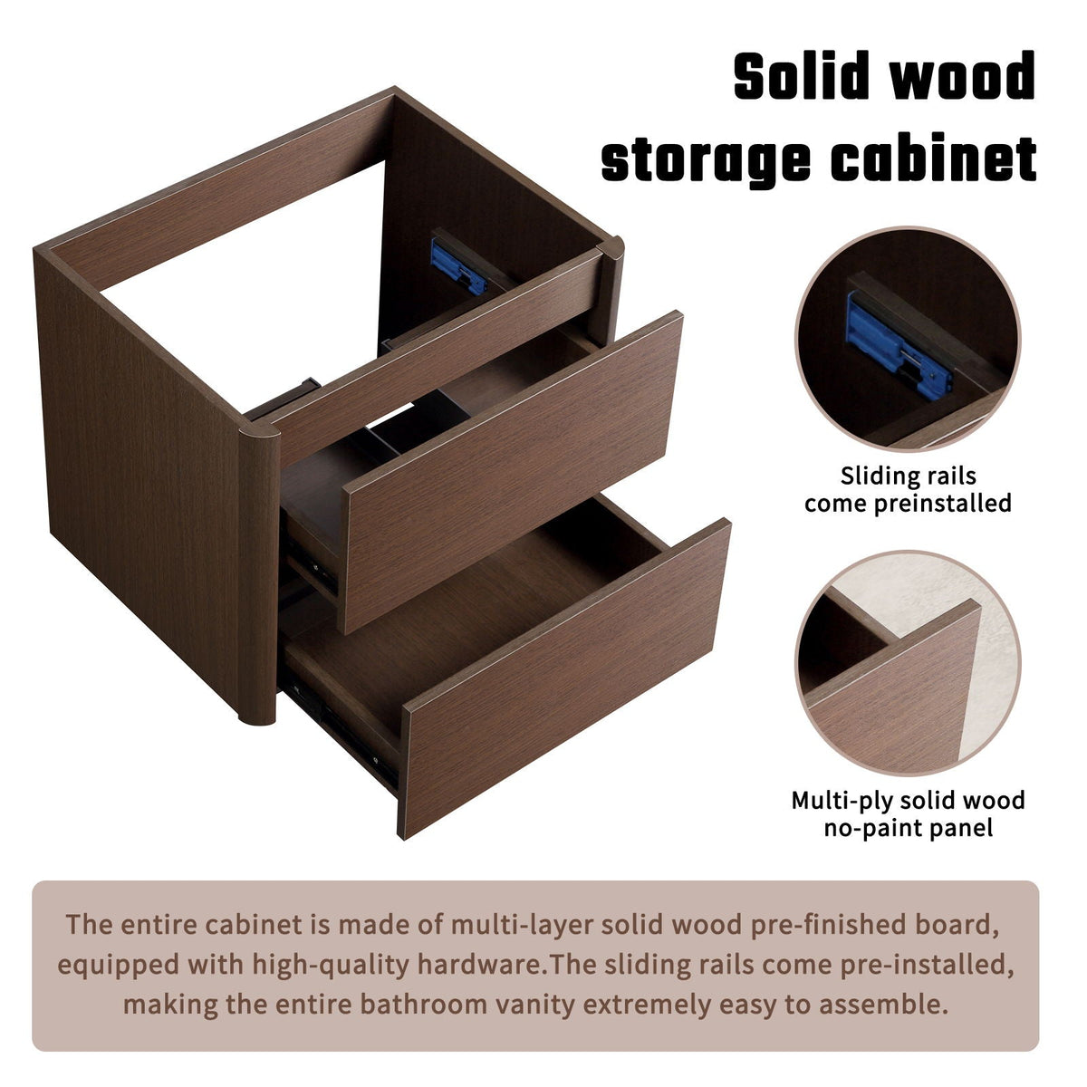 Wall Mounted Bathroom Vanity with Soft Close Drawer - Black Brown