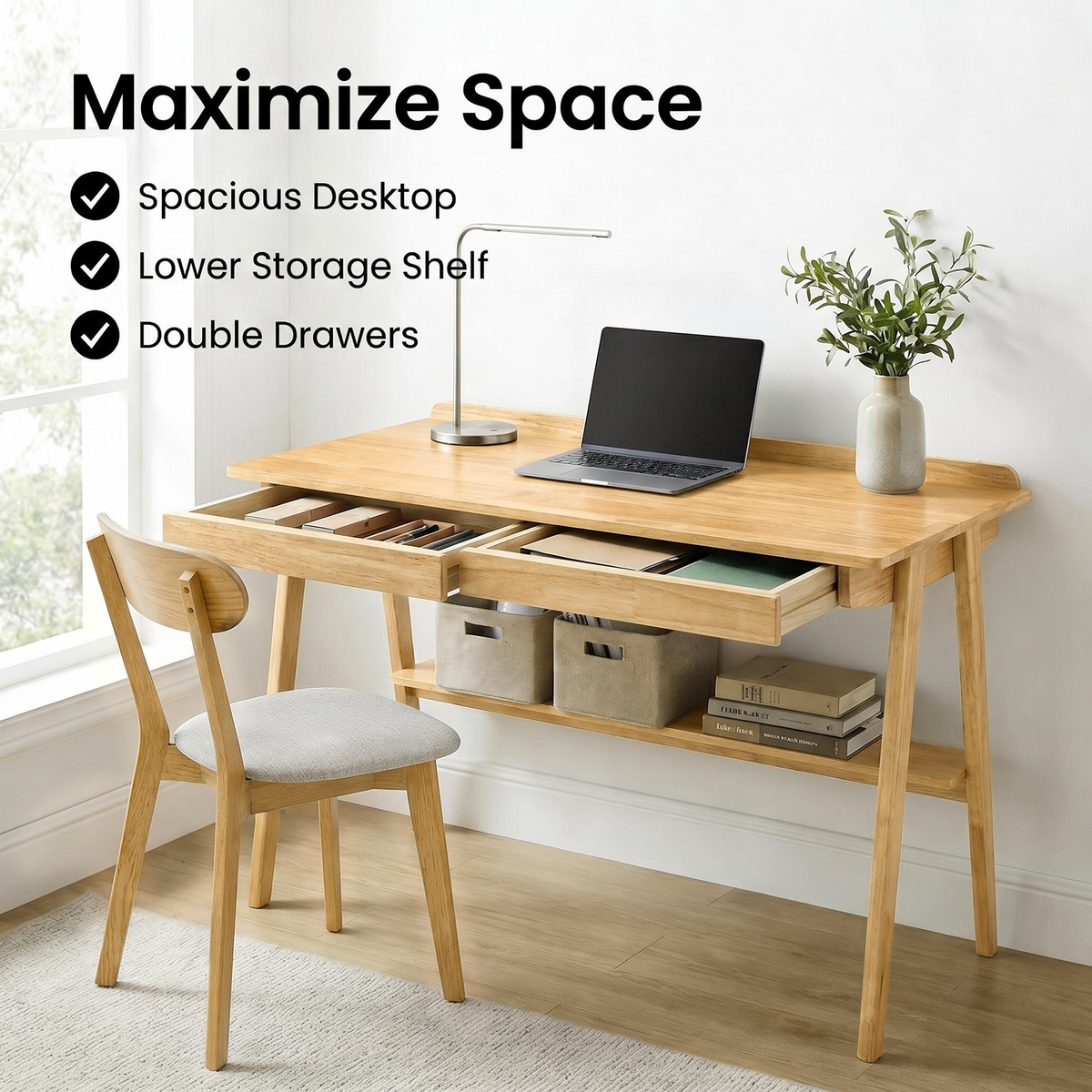 Solid Wood Writing Desk with Drawers & Storage Shelf - Mid Century Modern