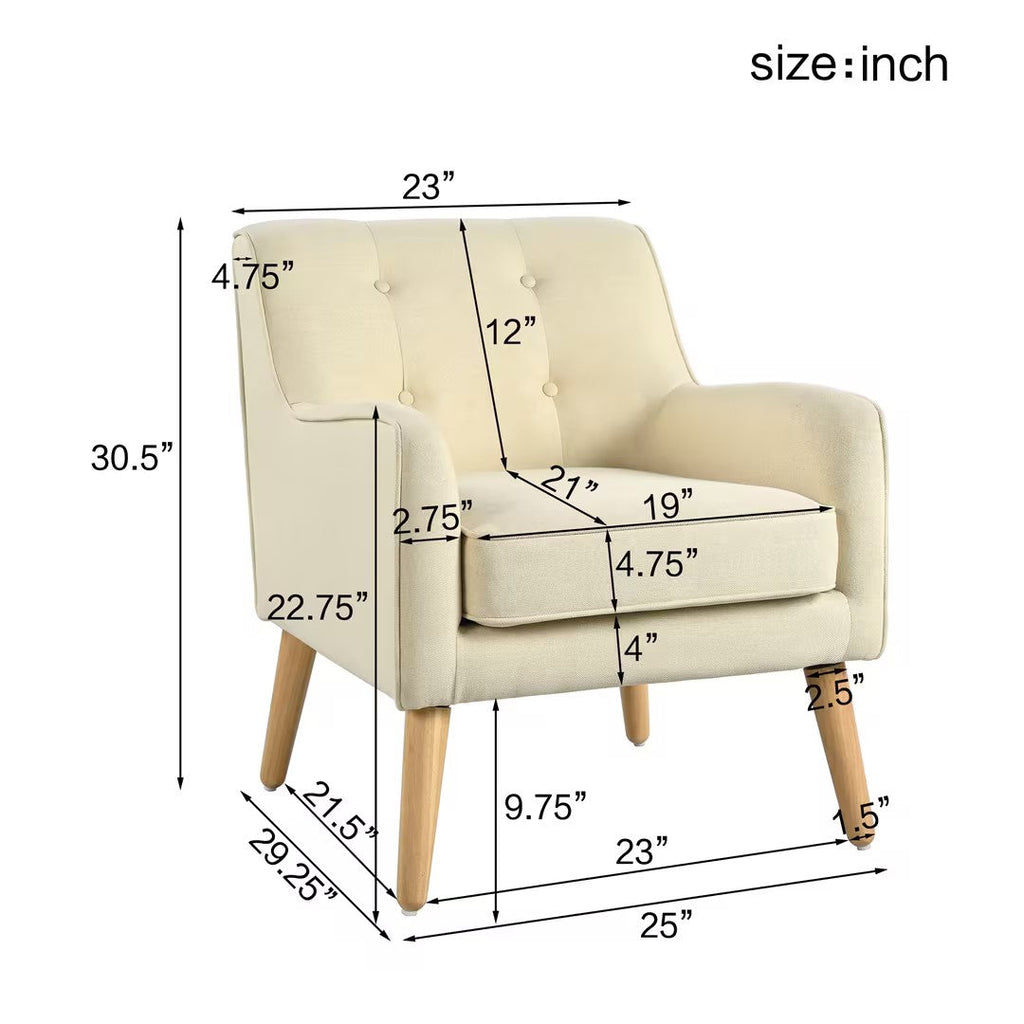 Mid-Century Modern Armchair with Tufted Fabric and Solid Wood Legs - Beige or Blue