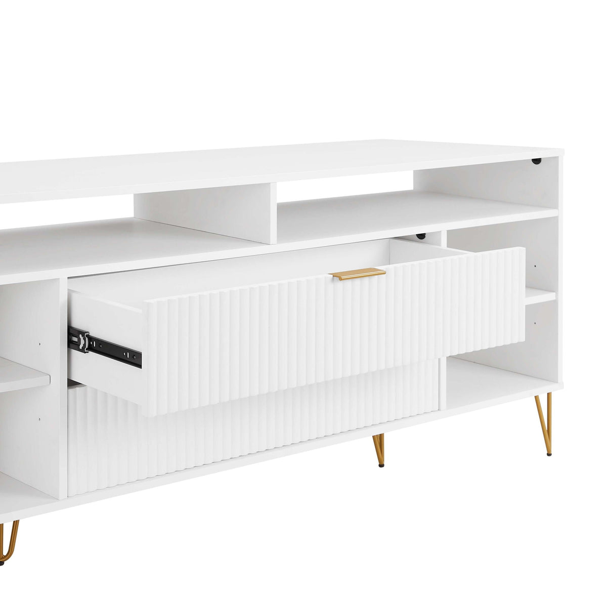 Fluted TV Stand with Storage and Metal Legs - Multiple Colors