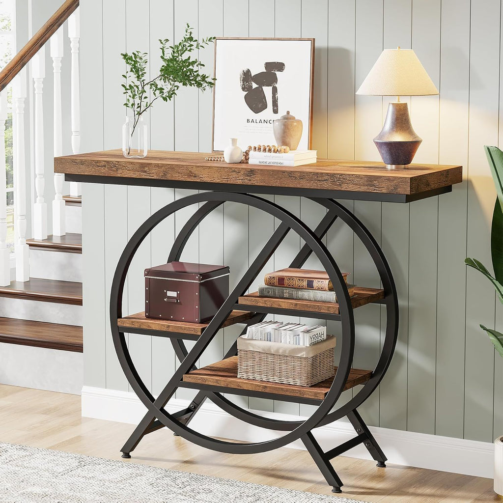 4 Tier Entryway Console Table with Geometric Circle Frame & Storage Shelves - Rustic Brown