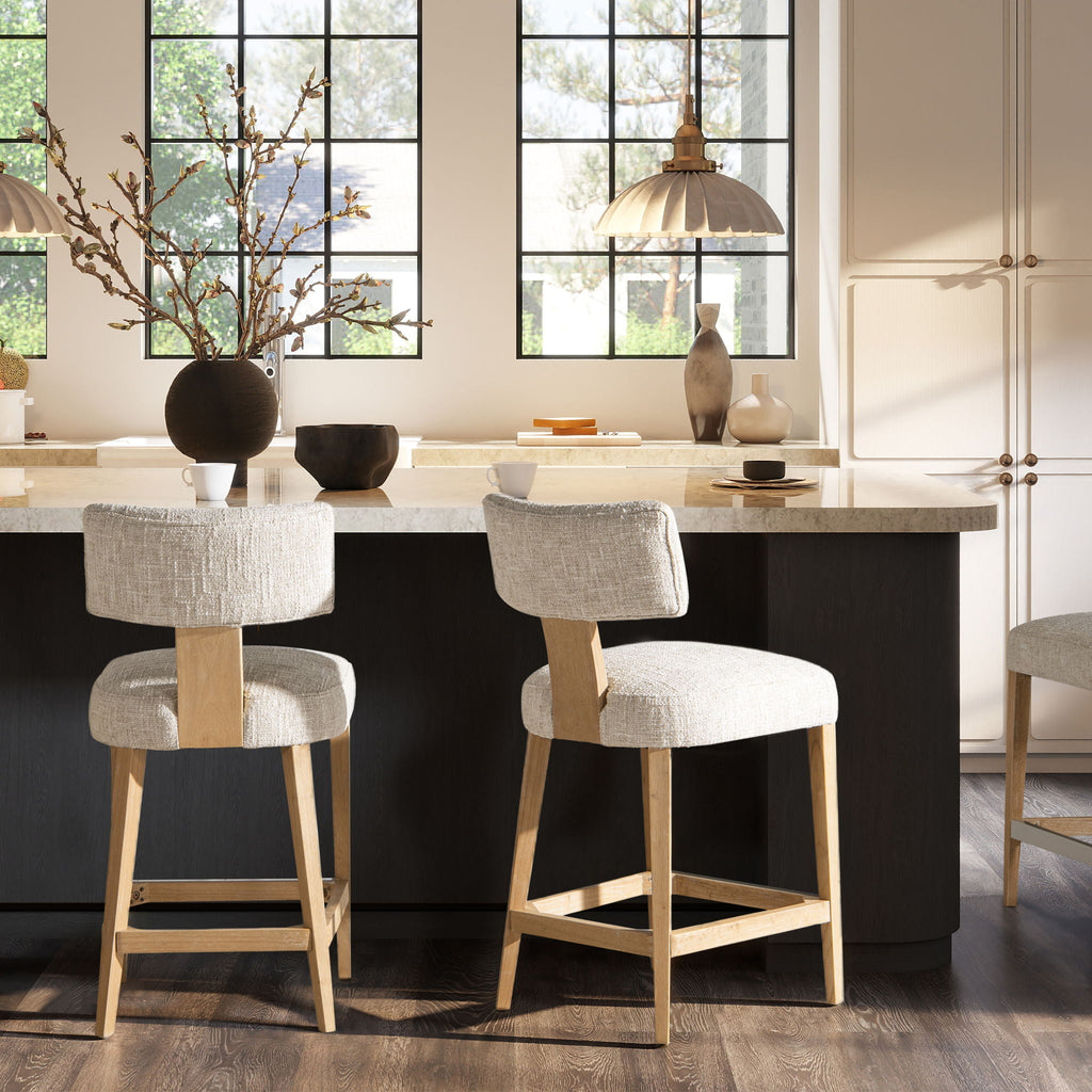 Round Arched Upholstered Counter Stool Set with Open Back - Travertine Beige