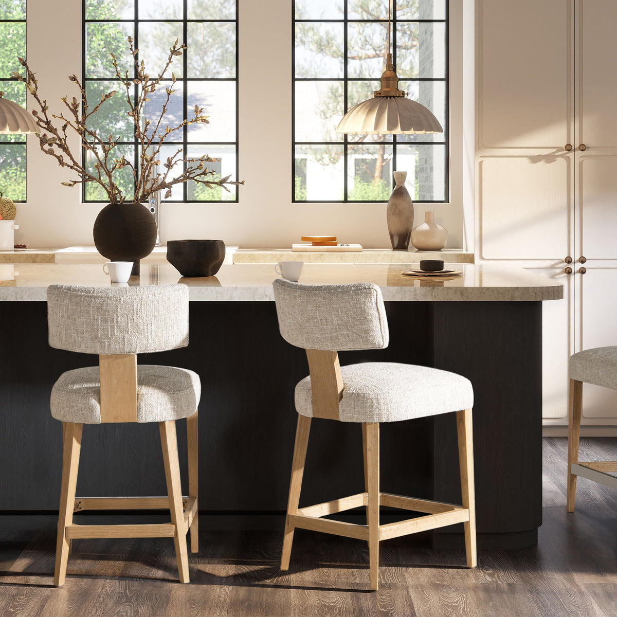 Round Arched Upholstered Counter Stool Set with Open Back - Travertine Beige
