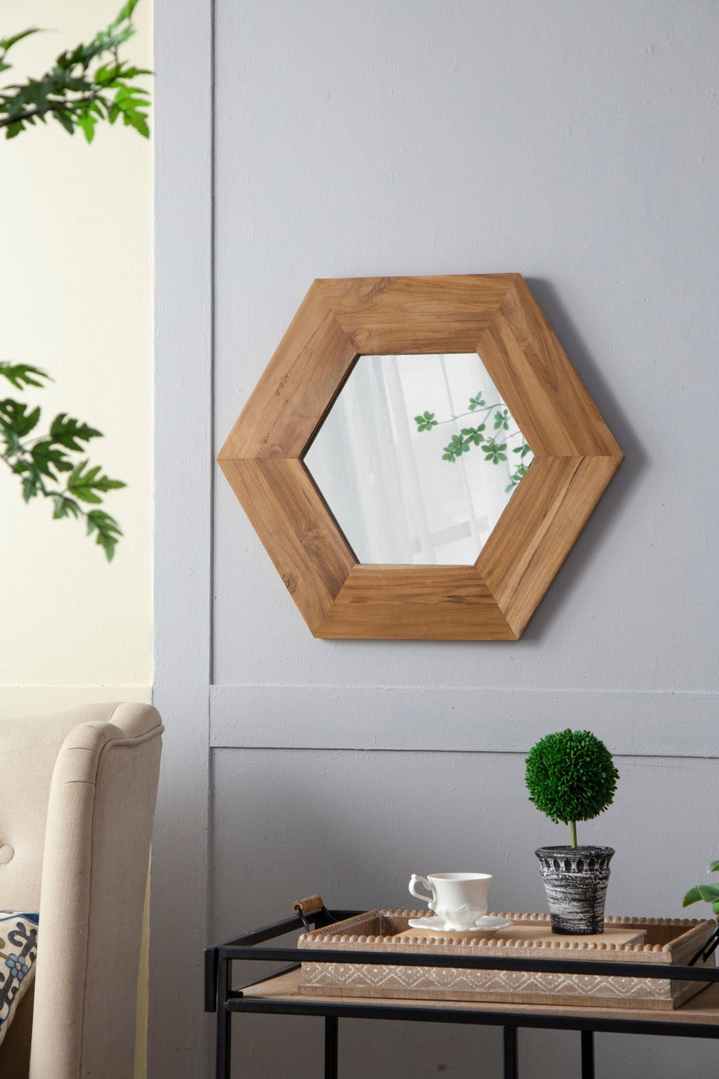 Hexagon Accent Mirror with Solid Teak Wood Frame - Light Brown, Dark Brown, Black