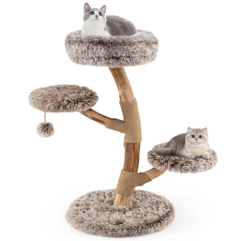 Cat Tree Solid Pear Wood with Perch and Natural Jute Scratching Posts-Brown