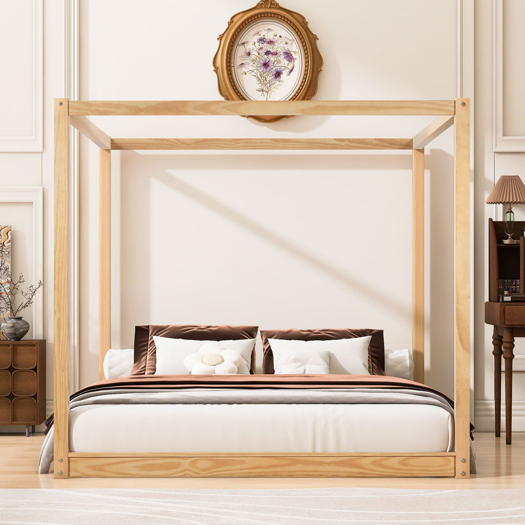 Wood Canopy Platform Bed with Airflow Slats and Support Legs - White or Light Brown