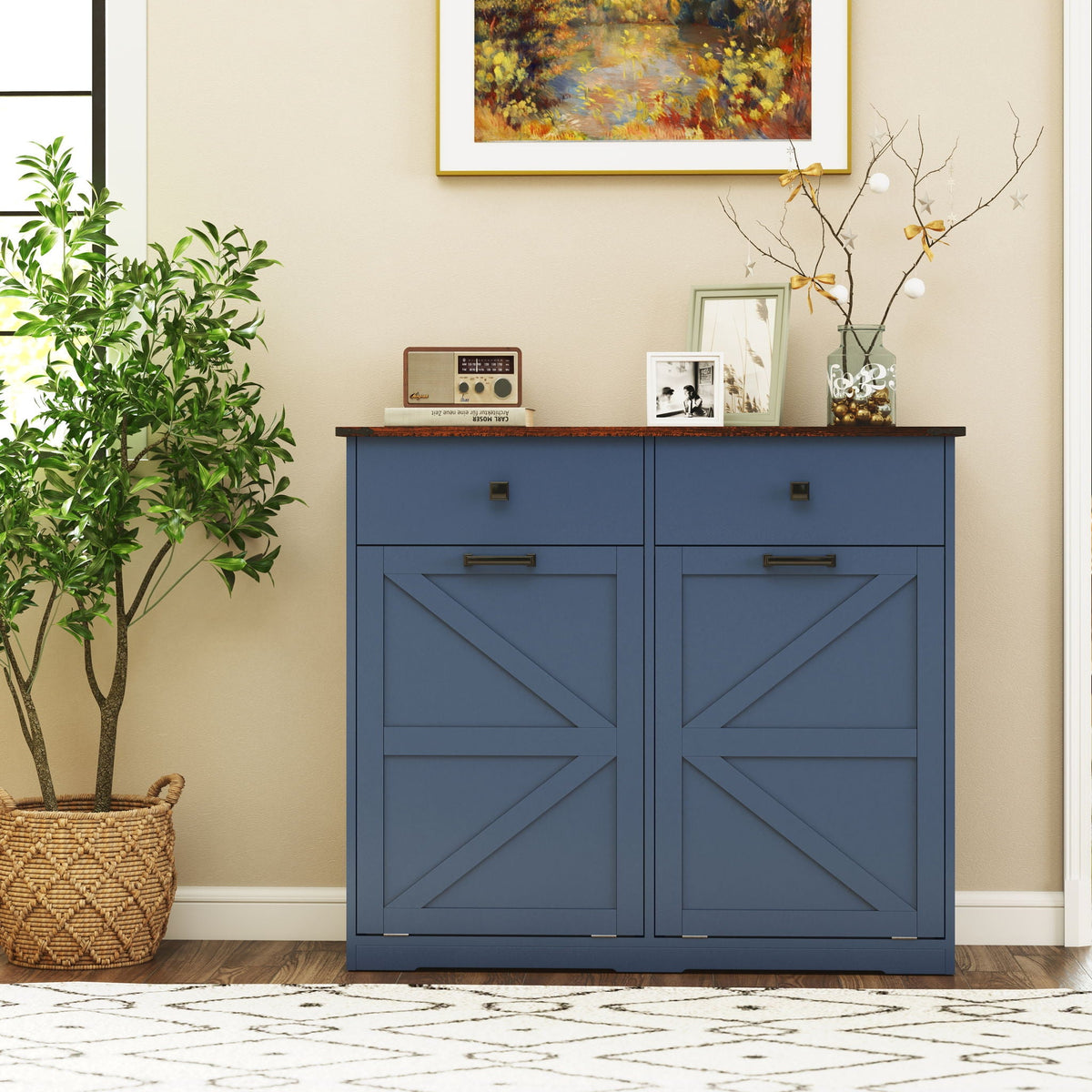 Double Tilt Out Trash Cabinet with Hideaway Drawer - Barn Door Style