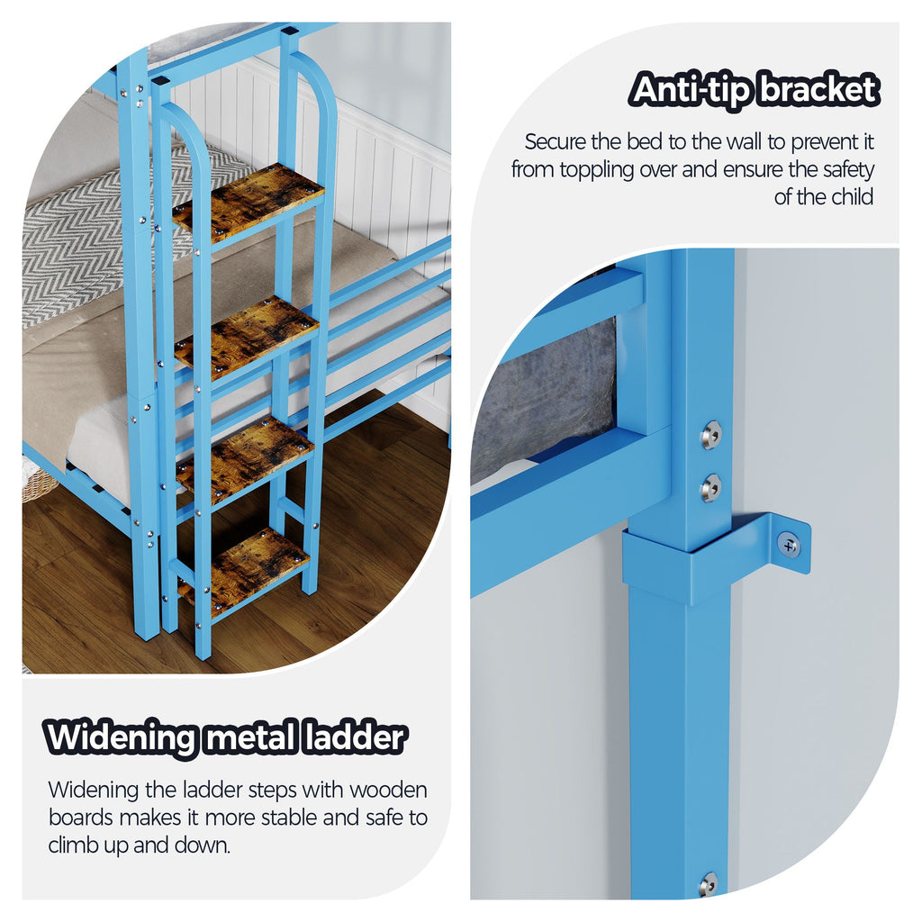 Blue Convertible Twin Bunk Bed with Full Length Guardrail & Ladder