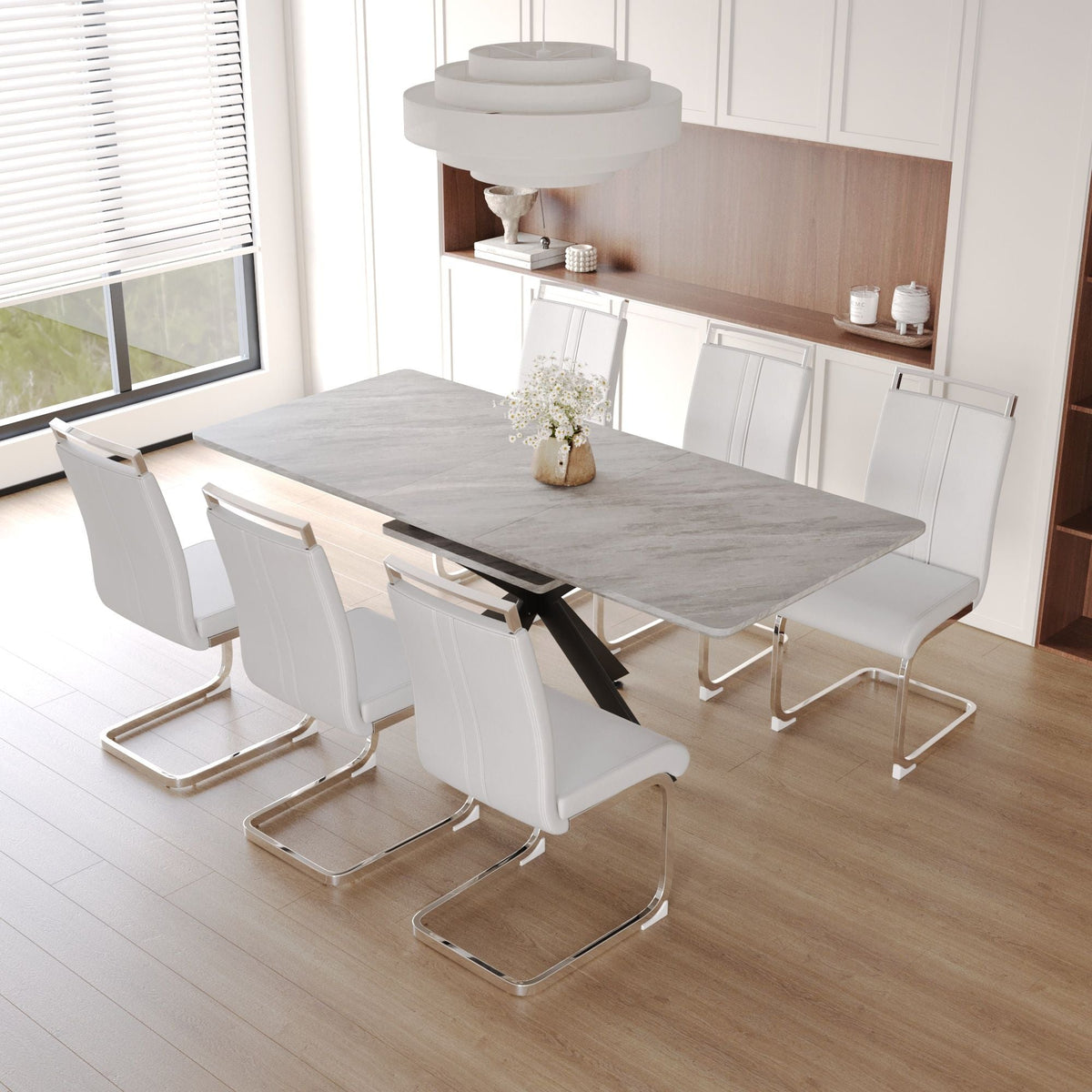 Modern Extendable Dining Table Set with Soft Padded Armless Chairs - White, Gray, or Dark Gray