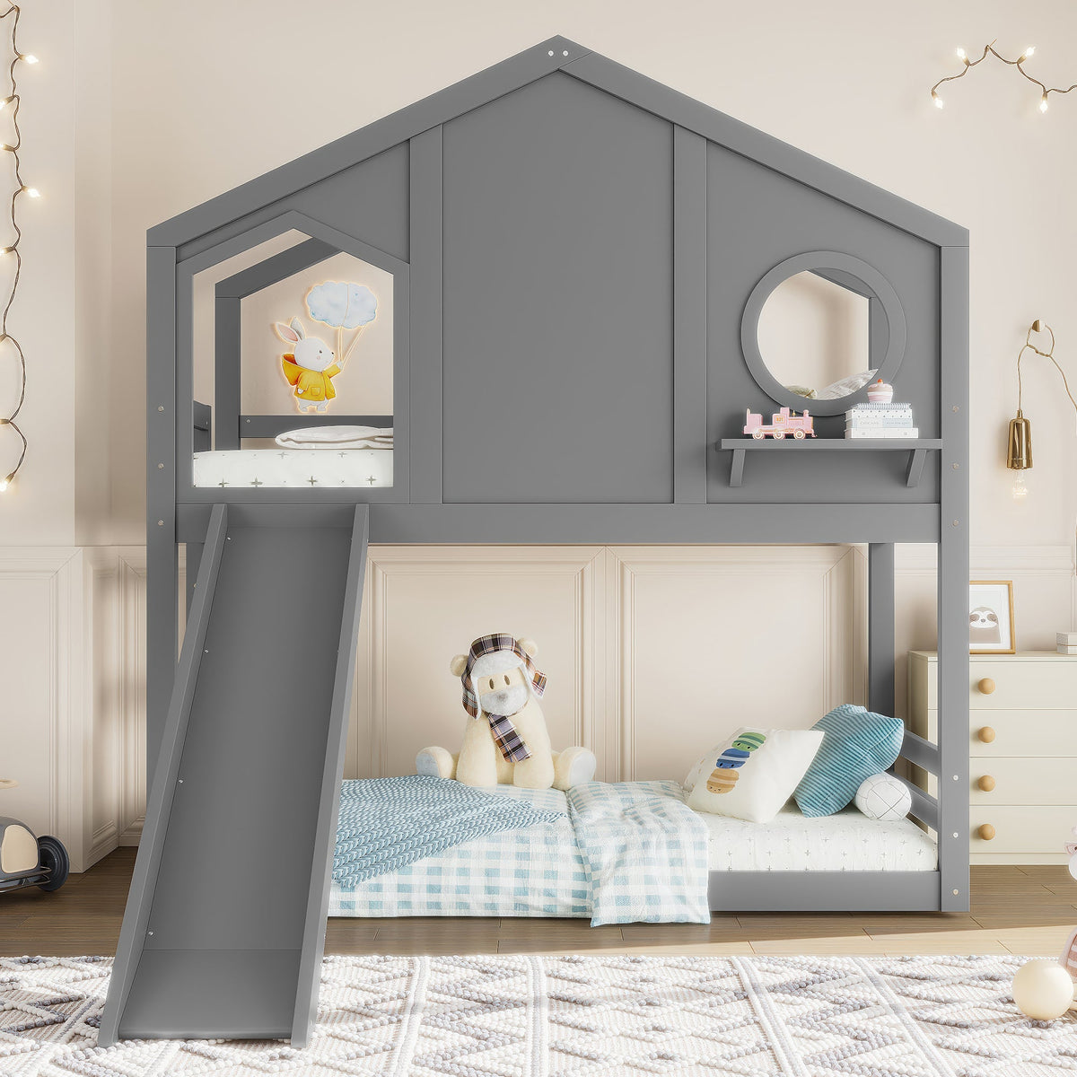 Twin House Bunk Bed with Slide and Storage Shelves - Pine Wood
