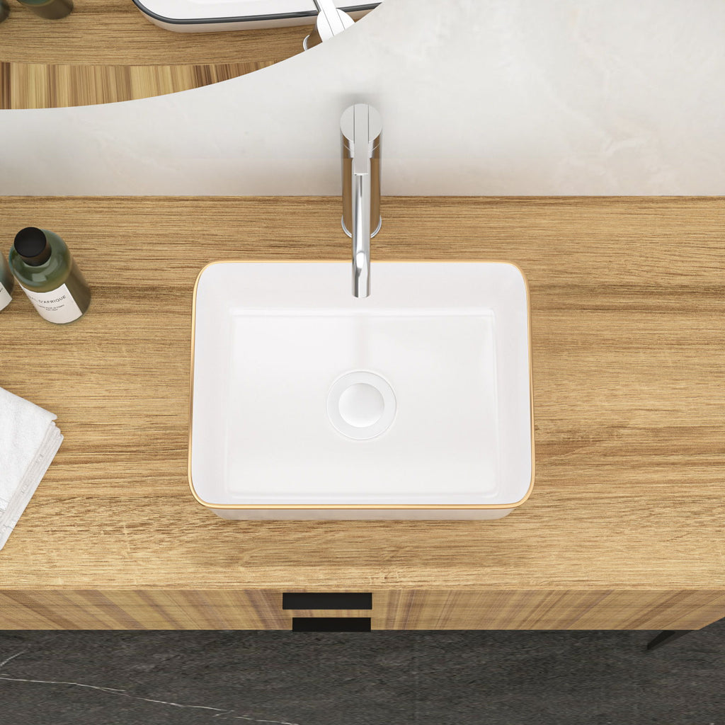 Modern European Style Ceramic Rectangular Vessel Bathroom Sink with Above-Counter Installation - Black or Gold