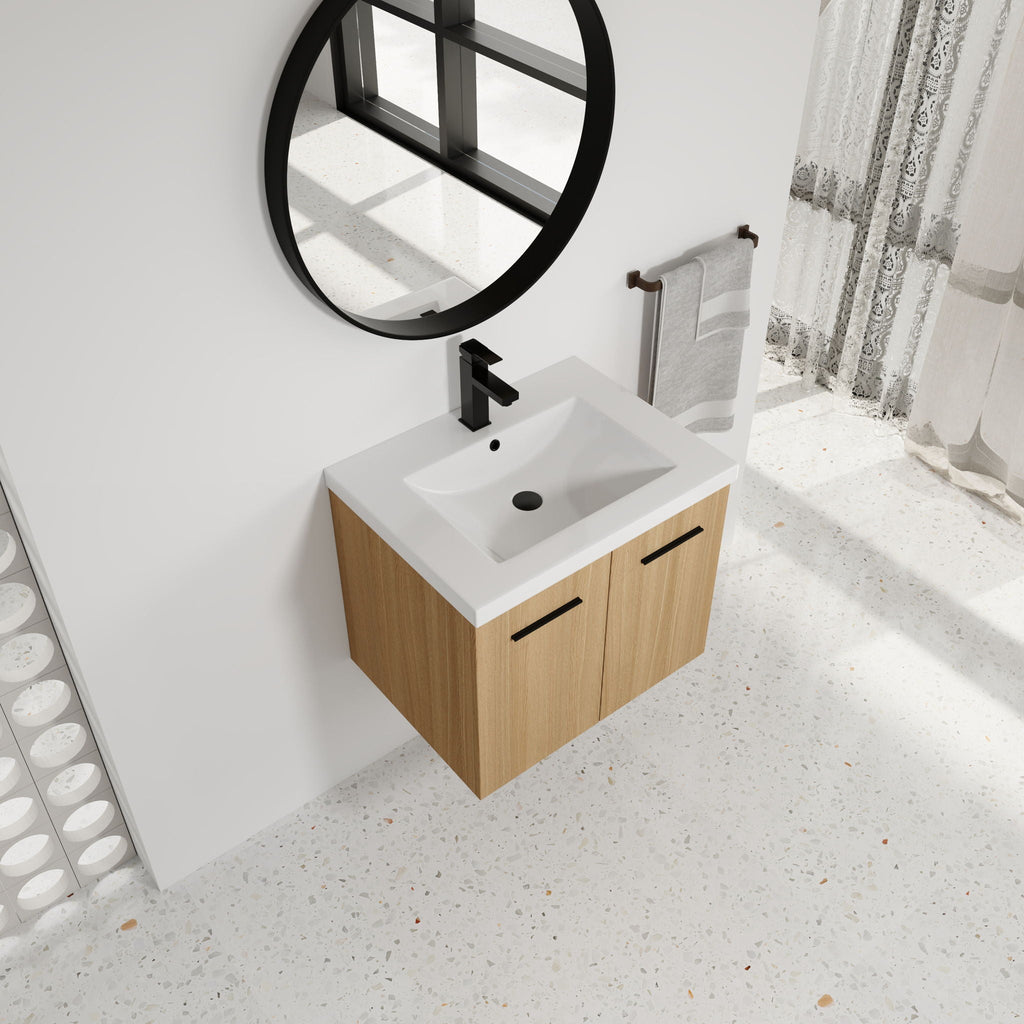 Floating Bathroom Vanity With Sink, Wall Mounted Double Door Storage - Light Brown