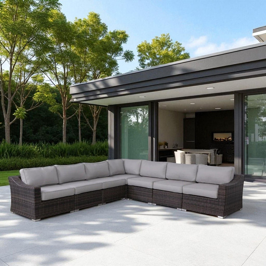 Outdoor Rattan Wicker Sectional Seating Group with Cushions – Gray or Dark Brown