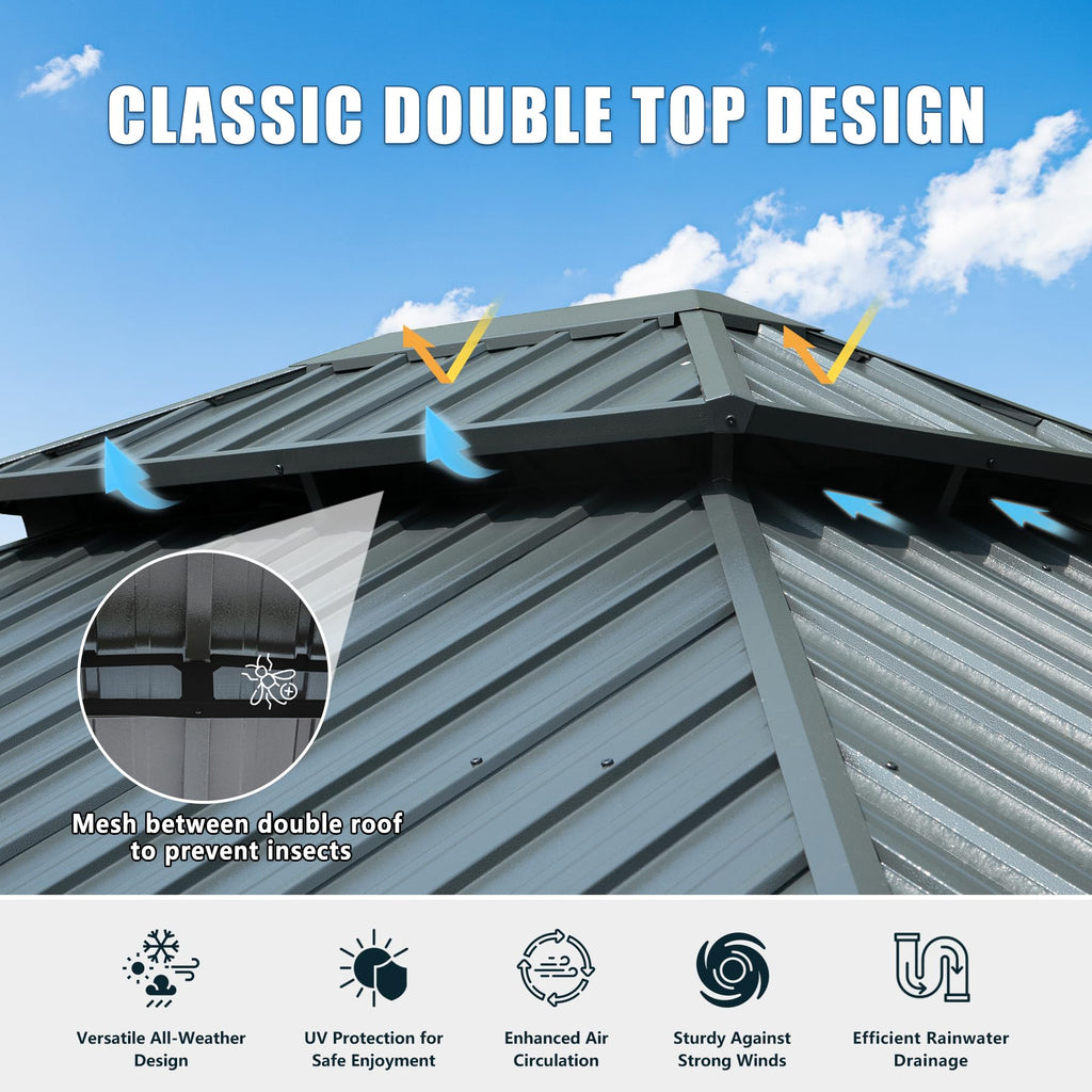 12' x 14' Hardtop Aluminum Gazebo with Double Roof and Curtains - Grey
