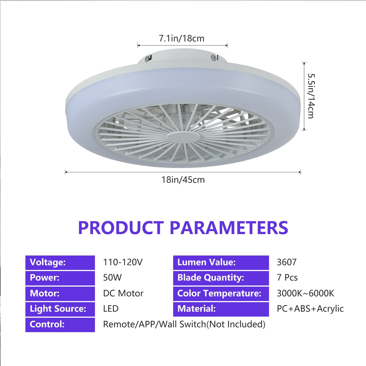 18 Inch Ceiling Fan with RGB Light and Remote Control - White