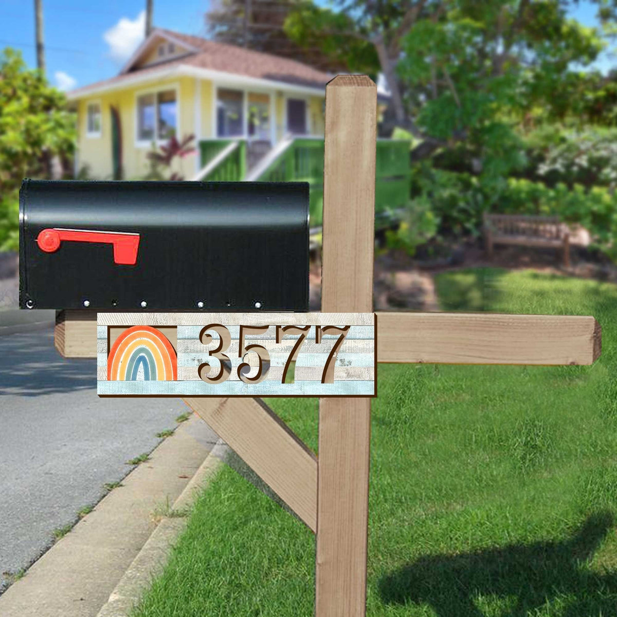 Address Sign - House Numbers - Housewarming Door Numbers Sign - Rainbow Wooden House Number Plaque - Custom Home Address - MA989823