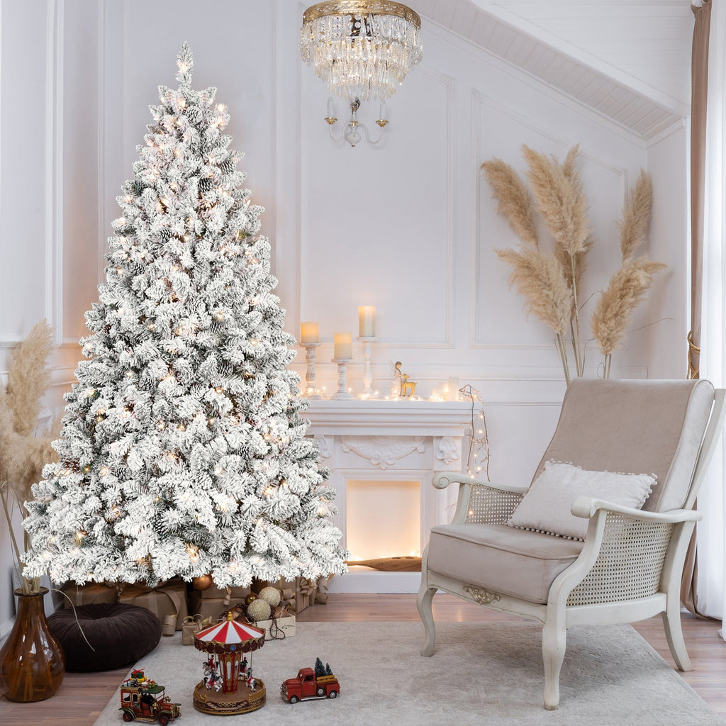 9FT Flocked Christmas Tree with 850 UL Lights and Real Pine Cones