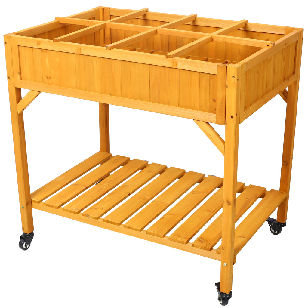 Elevated 8 Pocket Herb Garden Bed with Lockable Wheels - Fir Wood