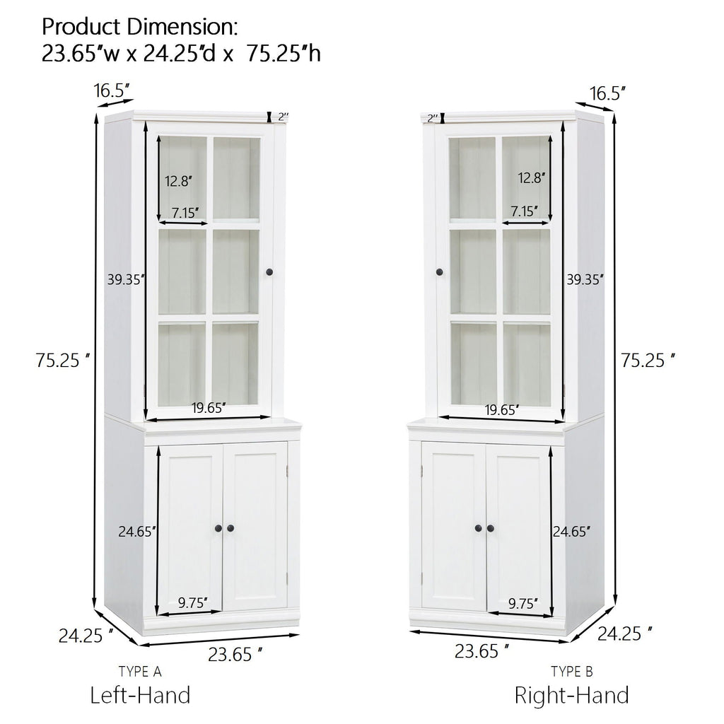 Retro Style Hutch Cabinet with Glass Door - White