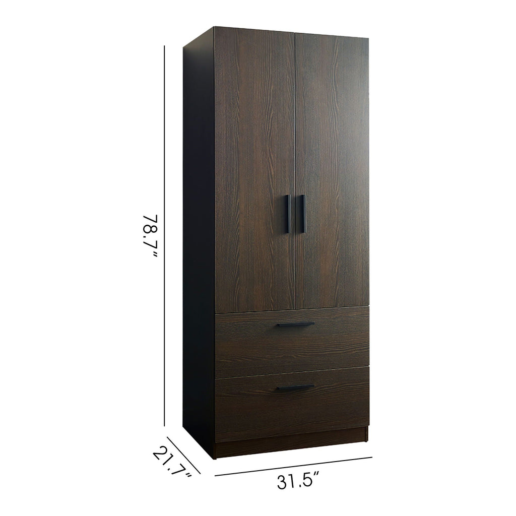 2 Door Closet Wardrobe with Drawers and Hanging Bars - Dark Brown