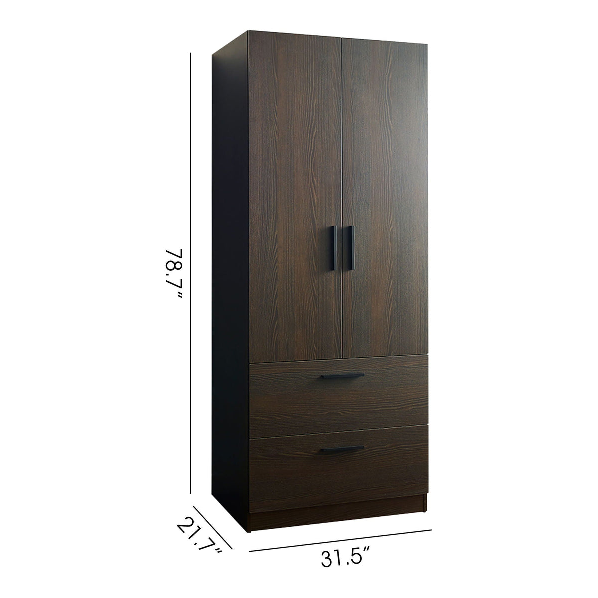 2 Door Closet Wardrobe with Drawers and Hanging Bars - Dark Brown