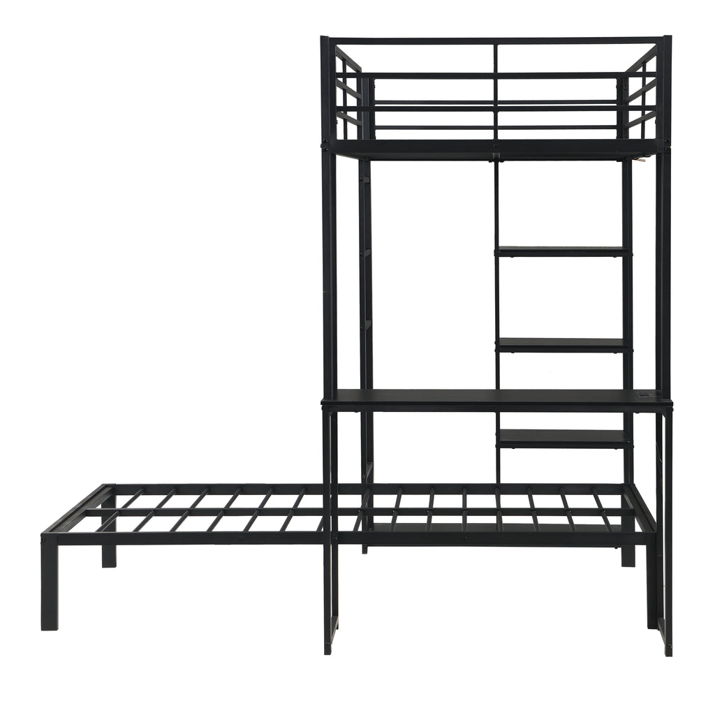 Metal Loft Bed Frame with LED Light Strip, Desk & Storage Shelves - Twin Size