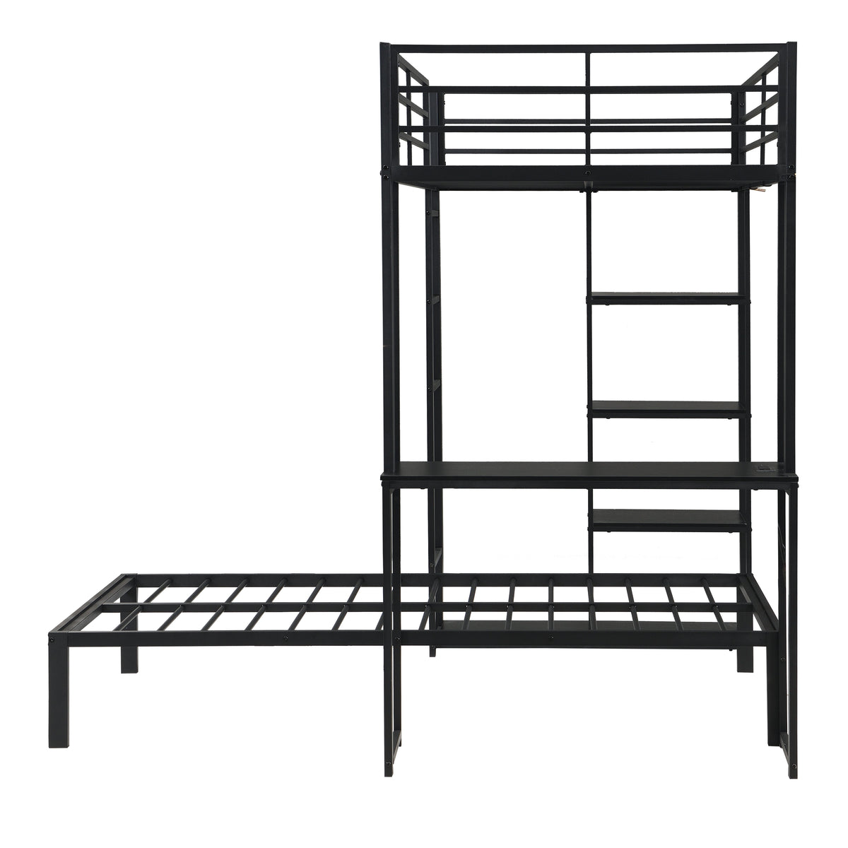 Metal Loft Bed Frame with LED Light Strip, Desk & Storage Shelves - Twin Size