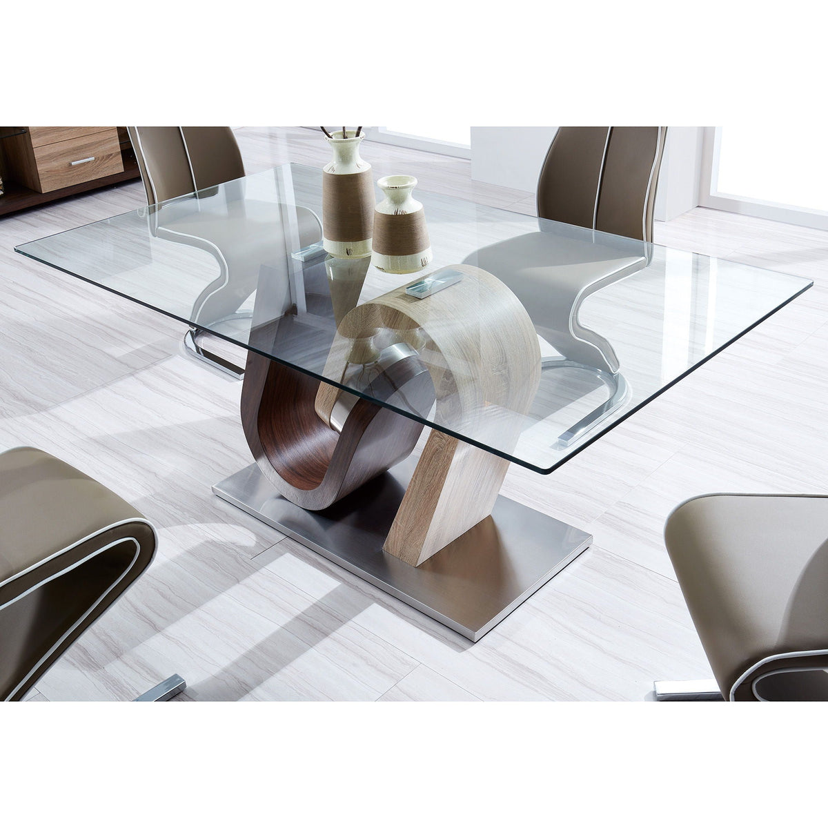 Oak & Walnut Dining Table with Stainless Steel Base - Brown / Beige
