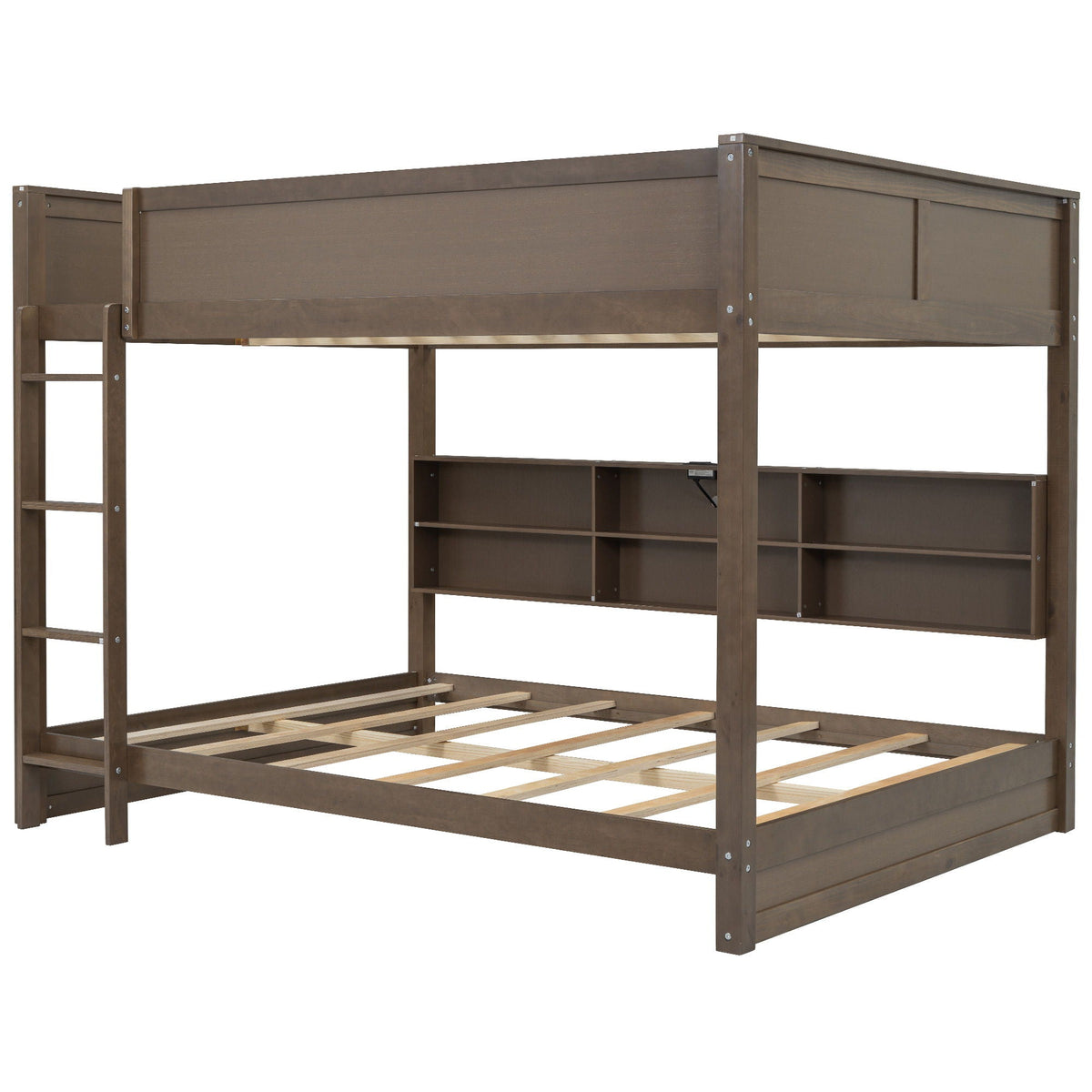 Queen Bunk Bed with Storage Cabinets and USB Ports - Dark Brown or White