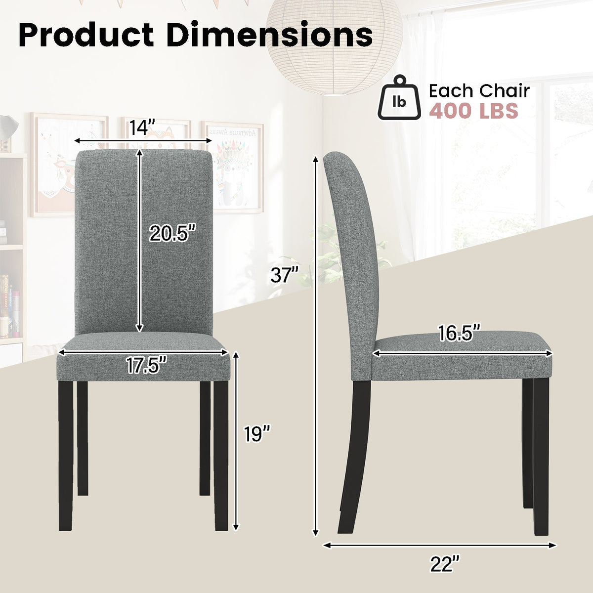 Dining Chair Set of 2 Mid-Century Modern Chairs with Rubber Wood Legs-Gray