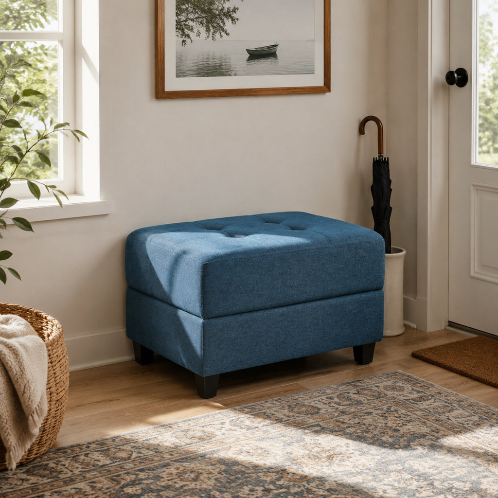 Navy Tufted Ottoman with Classic Button Detailing - Navy Blue