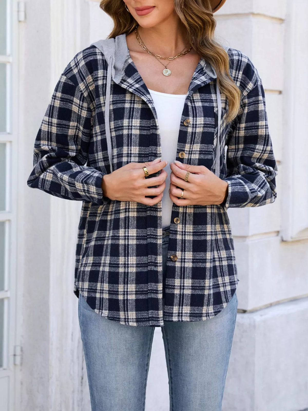 Hooded Plaid Button-Up Shacket