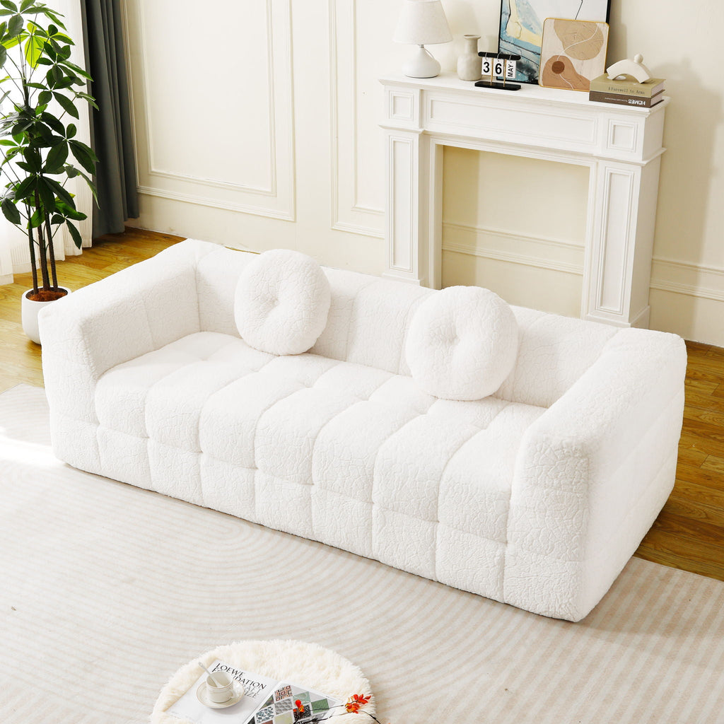 Beige 3 Seater Sofa with Circular Throw Pillows - Lychee-Textured Polyester