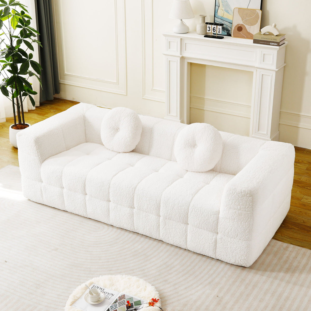 Beige 3 Seater Sofa with Circular Throw Pillows - Lychee-Textured Polyester