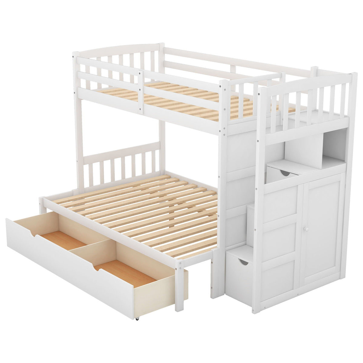 Convertible Twin Over Full Bunk Bed with Storage Shelves and Drawers - White or Dark Gray