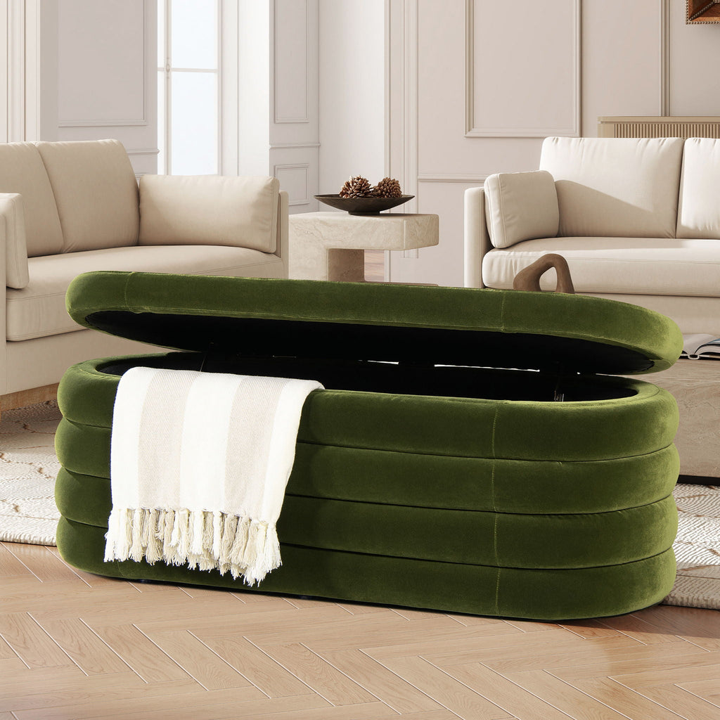 Upholstered Oval Storage Bench with Hidden Storage - Black, White or Dark Green