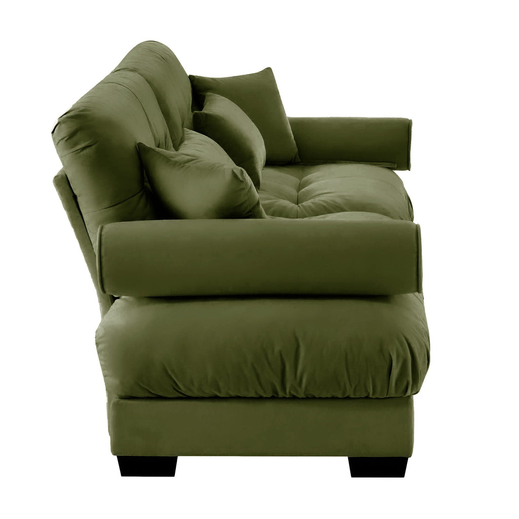 Modern Sofa with Bolstered Armrests and Pillows - Beige or Dark Green