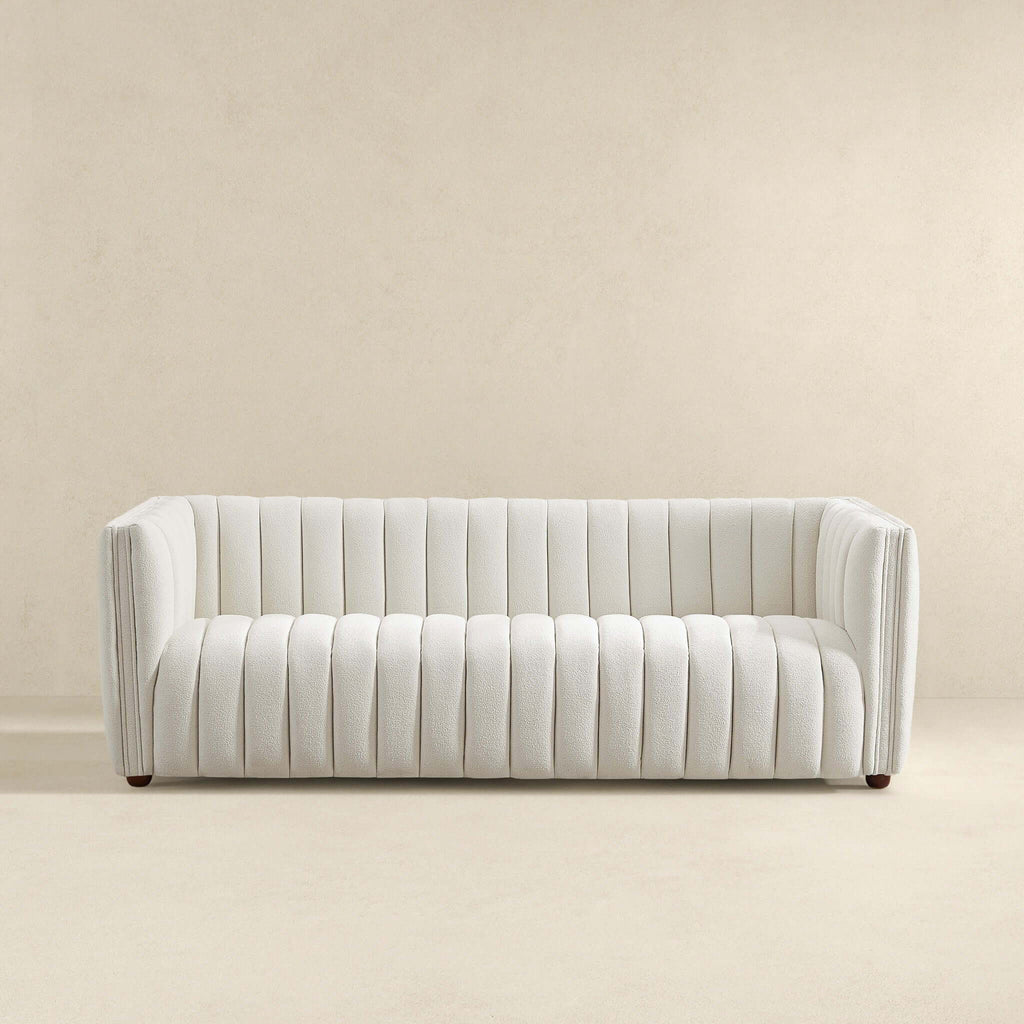 Mid-Century Modern Boucle Couch with Tight Back - Beige