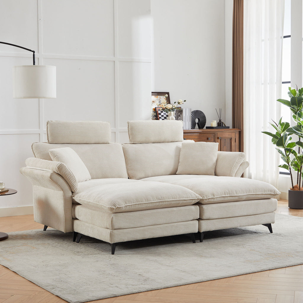Modern Deep Seat Sectional Sofa with Ottoman - Corduroy - Black or Beige