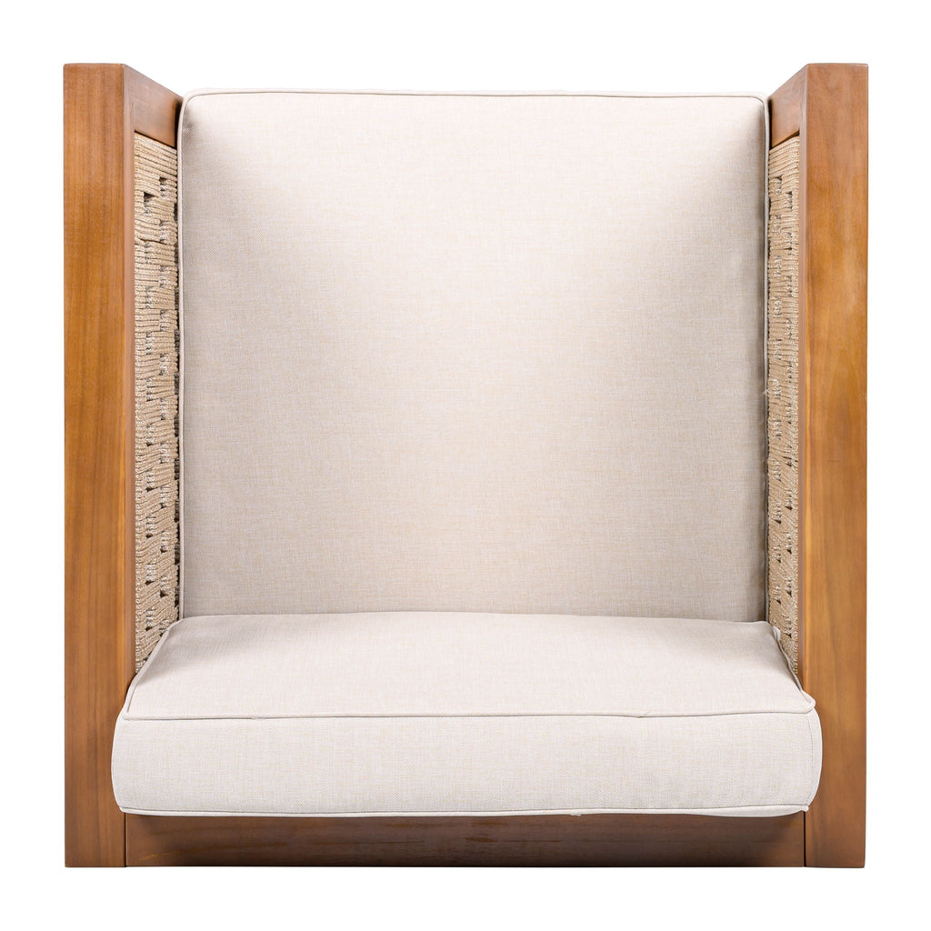 Outdoor Club Chair with Rope Arm and Cushions - Beige