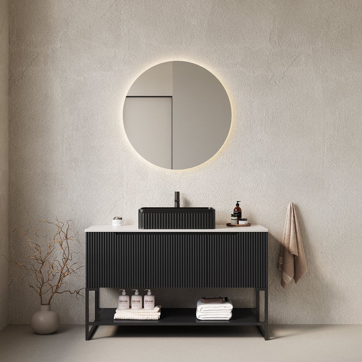 48-Inch Bathroom Vanity with Ceramic Sink and Storage - White & Black